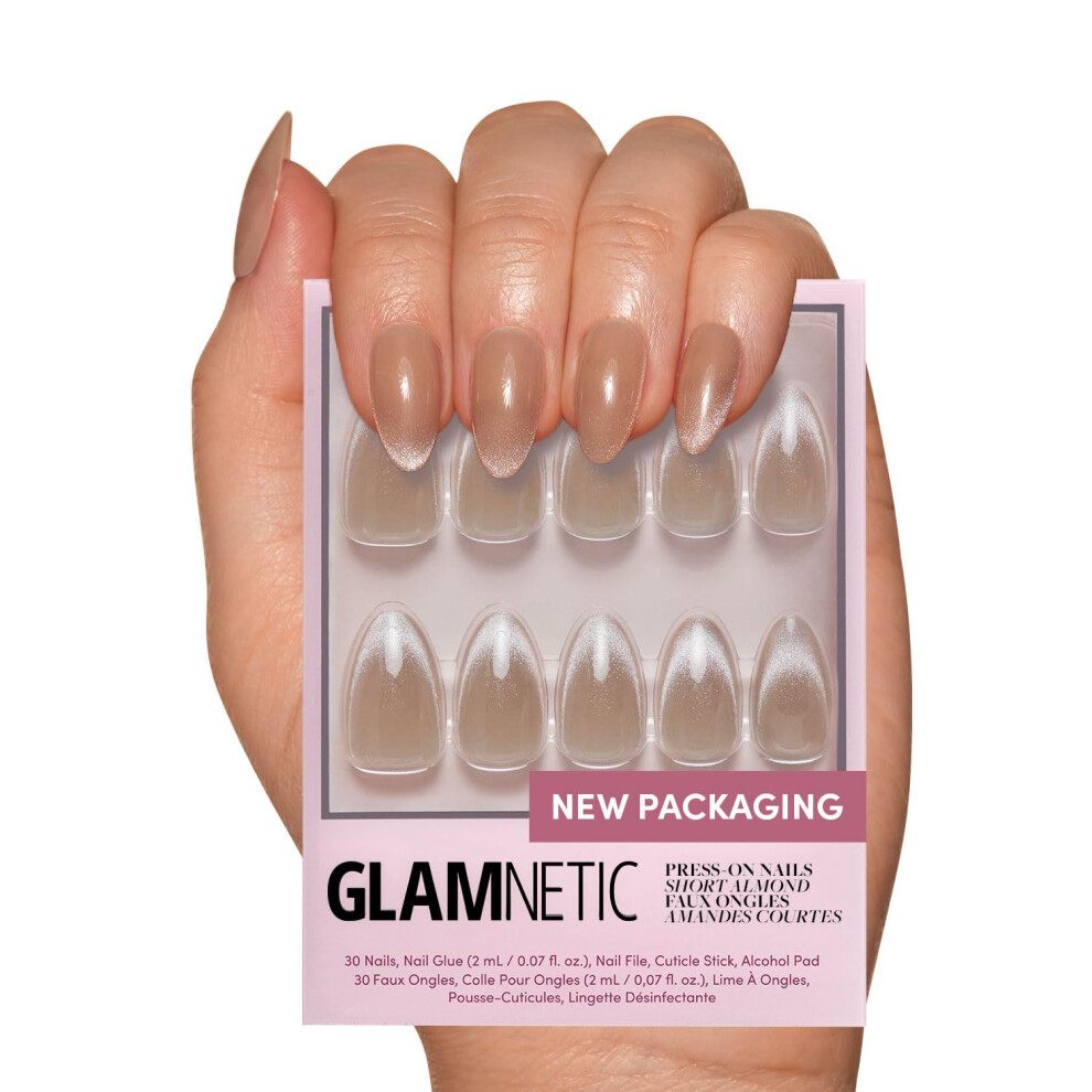 Glamnetic Cream Press On Nails - Honey Bun | Trendy Neutral Nude Velvet Sparkly Short Almond Fake Nails, Reusable | 15 Sizes - 30 Nail Kit