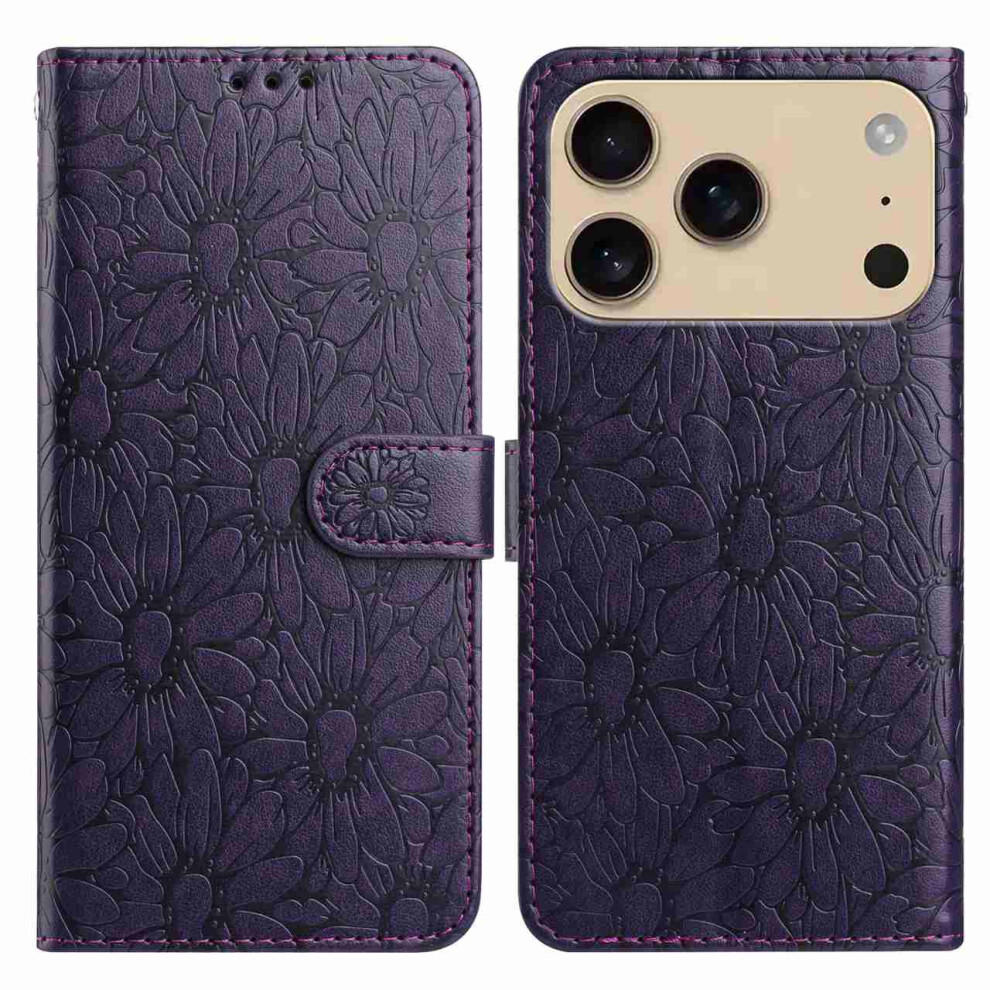 (Iphone 17 Pro, Dark ) For Iphone 17 Pro Leather Case Daisy Imprint Wallet Stand Phone Protective Cover Purple 6914287961401