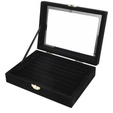 Boite de rangement en velours et verre d'affichage pour Bague Boucle D'oreille Bijoux Porte-plateau Boitier de rangement, Noir
