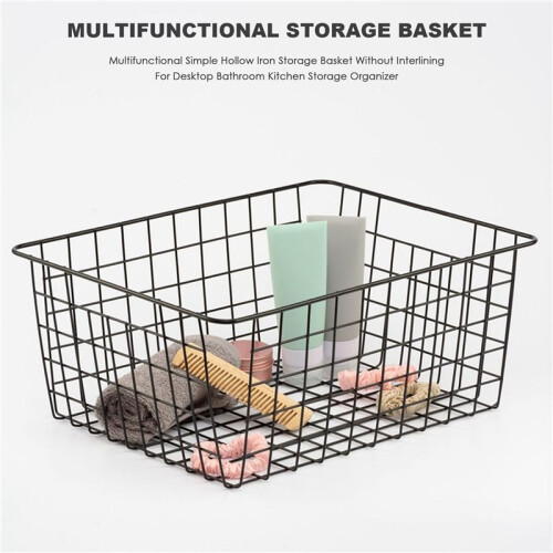 Hollow Iron Wired Basket, Storage Baskets Metal Basket Without Interlining Bathroom Kitchen Organizer Black 2