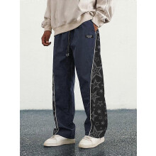 (M)Men's Letter Patchwork Side Stripe Drawstring Waist Pants, Casual Loose Pocket Trousers for Daily Wear, Fashion Men's Bottoms for All Season