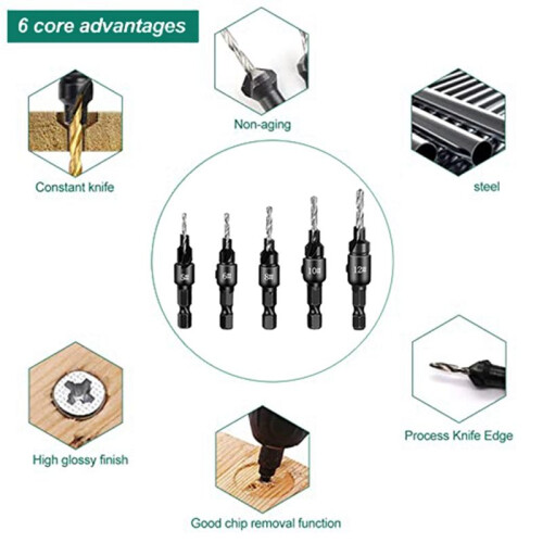 Countersink Woodworking Set 5 Pieces Countersunk Bits Set, 8 Pieces Countersunk Drills for Woodworking, DIY 2