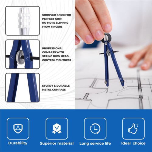 2 Pack Drafting Compass with Lock Math Bow Compass Drawing Metal Compass with Wheel Geometry Compass Bow Divider Precision Student Compass for Art 2