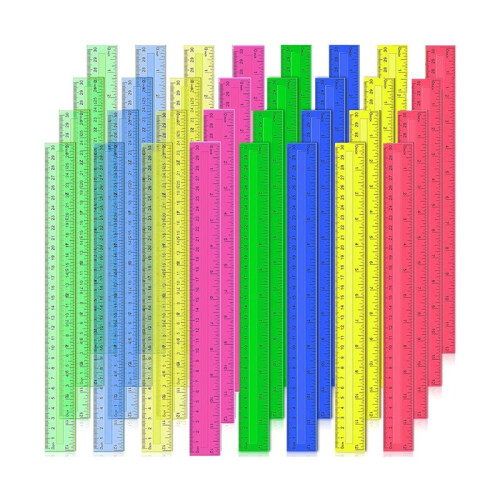 Réguas de Plástico de 12 Polegadas, 32 Peças Réguas Métricas Transparentes em Massa de Cores Sortidas com Polegadas, Centímetros, Milímetros.