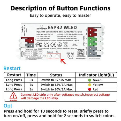 Ws2805 Controller DOMRAEM ESP32 WLED Controller - Dual PSU (PD and 5-24V DC), 16A Fuse ...