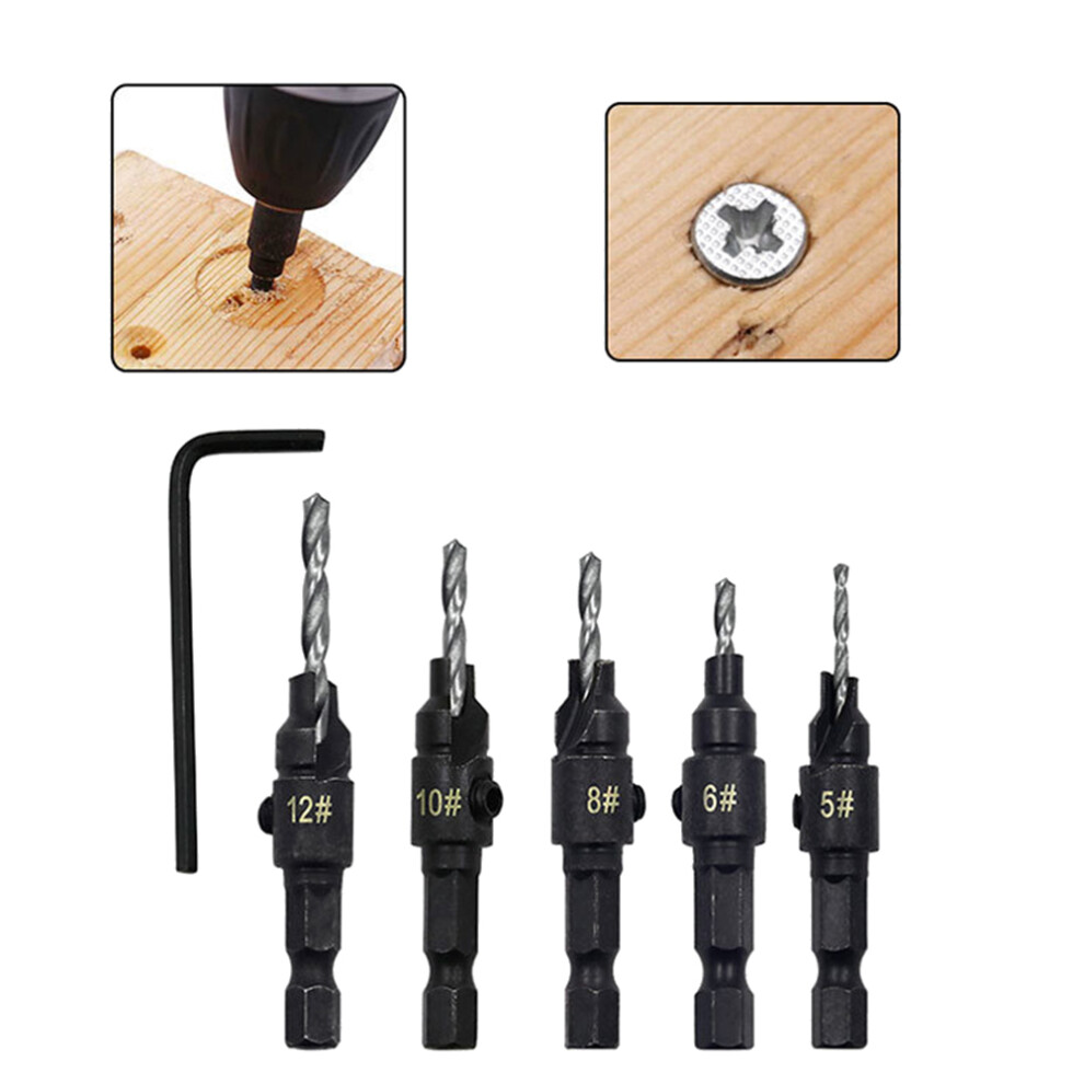 5Pcs Shank Countersink Drill Bits Set Screw Carpentry Chamfer Hole Opener Woodworking Drill Punch Tools B 4851514181794