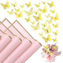 20 Blatt Geschenkpapier mit Goldrand und 48 goldenen 3D-Schmetterlingsaufklebern, ideal zum Basteln von Blumensträußen.