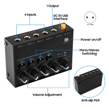 Extrem rauscharmer 4-Kanal-Line-Stereo-Mixer, 4 Eingänge, 1 Ausgang, DC 5V, tragbarer Mini-Audiomixer, Mikrofon, Keyboard, EU-Stecker