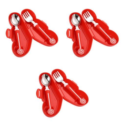 3Sets Baby Tableware Red Silicone Grip Stainless Steel Fork and Spoon 2