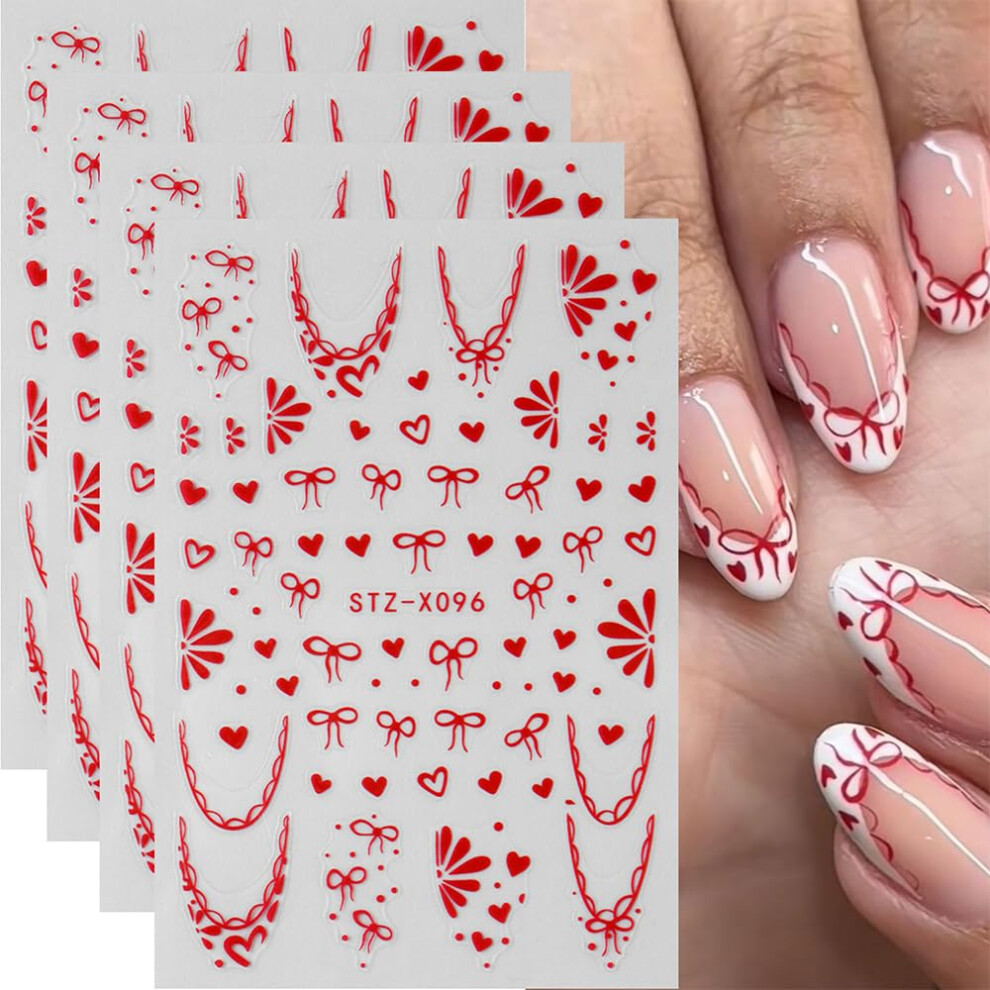 4PCS Valentine's Day Nail Stickers with Hearts and Bows 3D Embossed SelfAdhesive Nail Art Decals