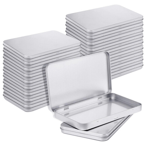Rectangular Metal Tin Box with Lid Hinged Empty Container Silver Storage Box,20PCS
