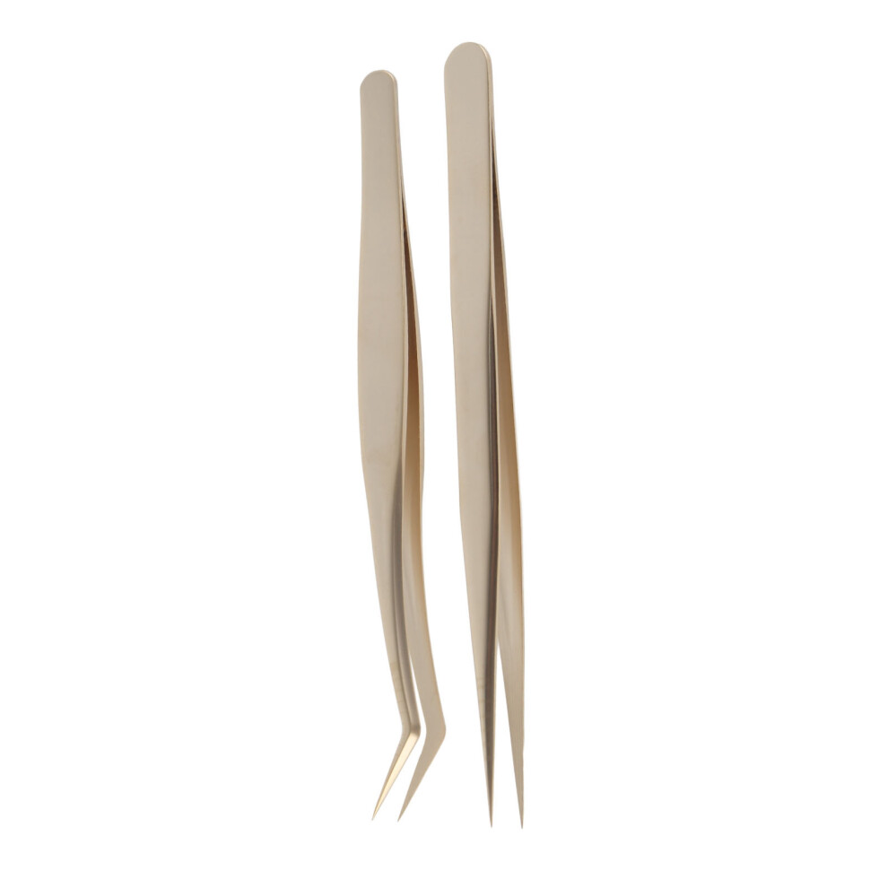 2pcs Eyelash Extension Tweezers Set Stainless Steel, Bent & Straight 13.2-13.6cm