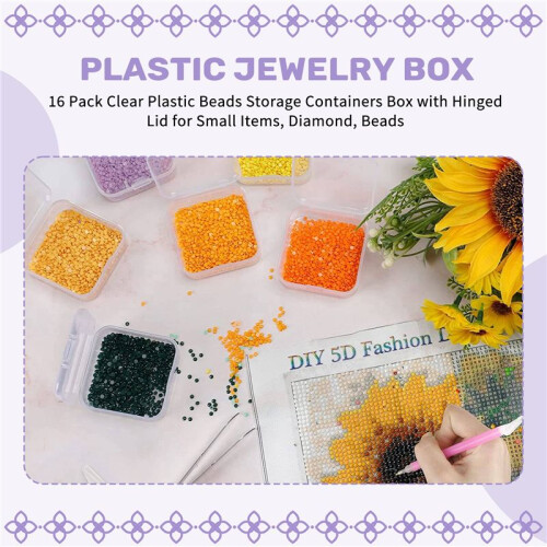 16 Pack Clear Plastic Beads Storage Containers Box with Hinged Lid for Small Items, Diamond, Beads (2.2X2.2X0.79In) 1