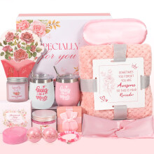 Christmas Gift Basket for Women, 12pc Luxury Spa Set with Flannel Blanket, Rose Candle, Birthday and Get Well Gift for Mom Wife Sister