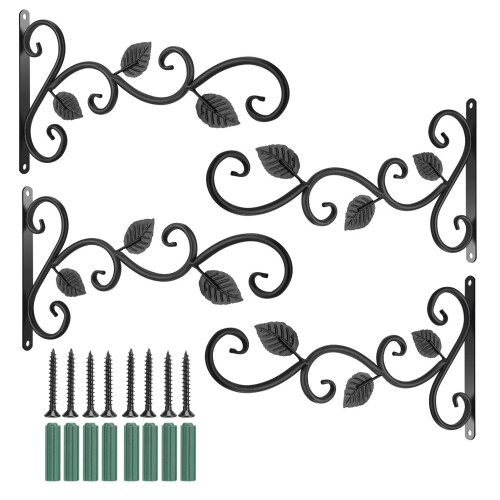4pcs Wall-Mounted Iron Hooks Plant Holder Max 20 lbs, Black