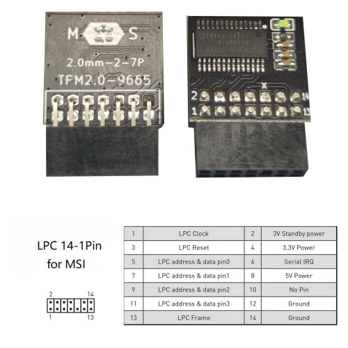 LPC TPM 2.0 Encryption Security Module Remote Card 14Pin TPM2.0 Module Board for MSI Windows 11 2
