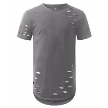 (GREY, XL) Yeezy Ripped Mens Style Distreesd Crew Neck Elongated Longline Tshirt