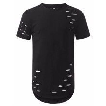 (BLACK, L) Yeezy Ripped Mens Style Distreesd Crew Neck Elongated Longline Tshirt