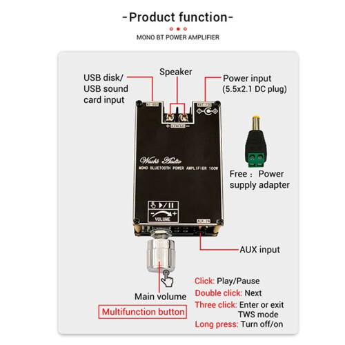 ZK-1001B 100W Mono BT Audio Eindversterkermodule TWS True Wireless 2