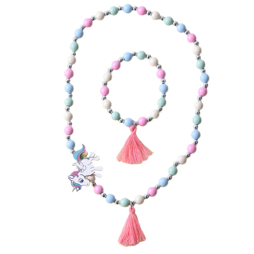 3Sets Grün Einhorn Kinder Schmuck Holzperlen Kette & Armband