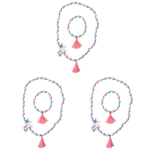 3Sets Grün Einhorn Kinder Schmuck Holzperlen Kette & Armband 1
