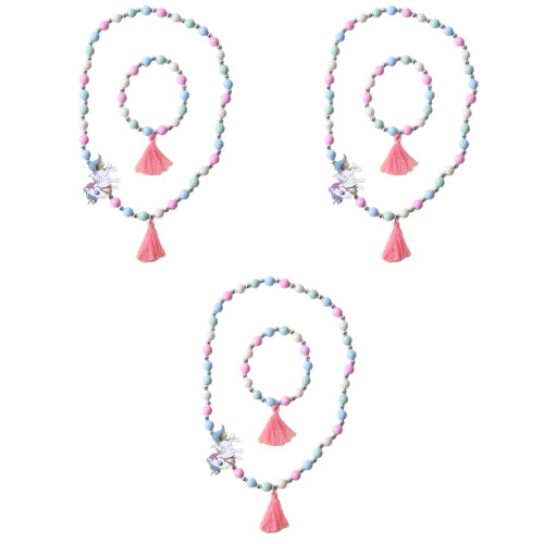 3Sets Grün Einhorn Kinder Schmuck Holzperlen Kette & Armband 2