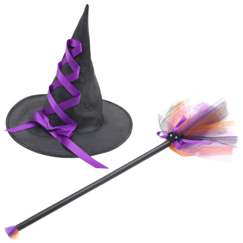 5Sets Plastic and Polyester Witch Hat Broom Kit Halloween Dress-Up 2
