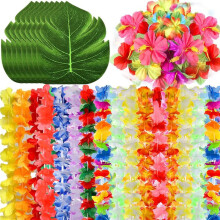 70Pcs Hawaiian Luau Party Supplies,Tropical Leis, Leaves&Hibiscus Flowers for Birthday Baby Shower Beach Pool Party