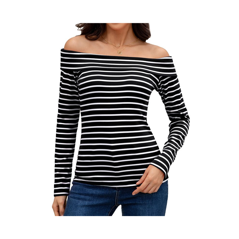 Top A Righe Con Spalle Scoperte Per Donna, Primavera Autunno, Maniche Lunghe, In Maglia Nero M-image