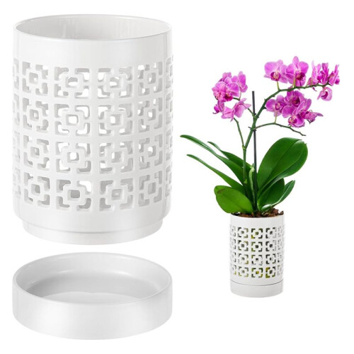 Vaso de Orquídea com Furos Vasos de Cerâmica para Plantas Vasos de Flores Internos e Externos para Replantio com Drenagem e Pires de 4 Polegadas 1