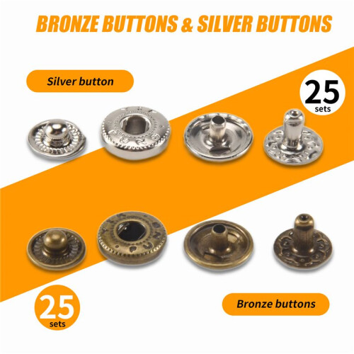 25pcs silver + 25 pcs bronze 10mm Snap Button Metal + tool set for leather handbags