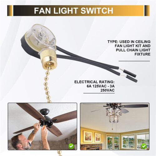 3Pack Ceiling Fan Light  ZE-109 Fan  Ceiling Pull Chain  Replacement (Brass) 2