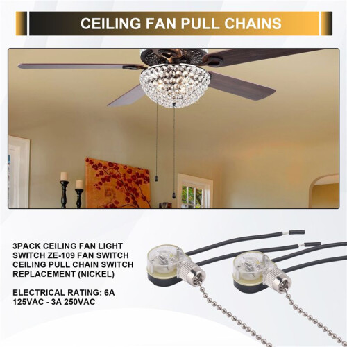 3Pack Ceiling Fan Light  ZE-109 Fan  Ceiling Pull Chain  Replacement (Nickel) 2