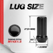 M14X1.5 Wheel Lug Nuts, 24 Pieces 14Mmx1.5 7 Spline Drive Awl Acorn Cone Lug Nuts 2Inch Long Black with 2 Socket Key