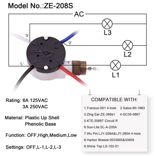 Ceiling Fan  Kit 3 Speed 4 Wire, Fan  Zipper Speed Control , ZE-208S Pull Wire  with Rope Bronze 2