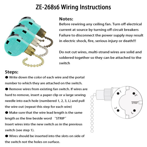 3Pcs ZE-268S6 Ceiling Fan  3 Speed 4 Wire for Ceiling Fans and Wall Lights Pull Chain  Replacement Bronze 2
