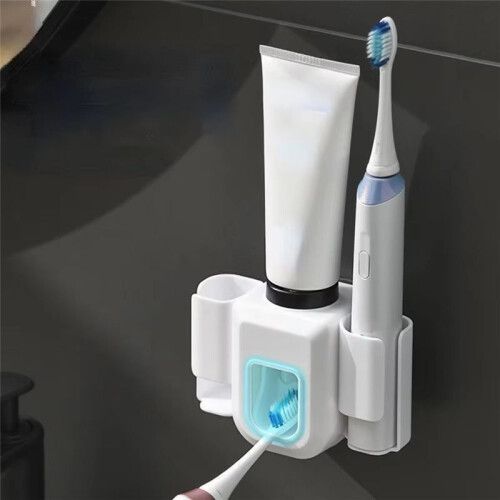 Toothbrush Holder Wall-Mounted with Double Slots, Toothpaste Dispenser and Squeezer Set,Bathroom Organizer Accessories A 2