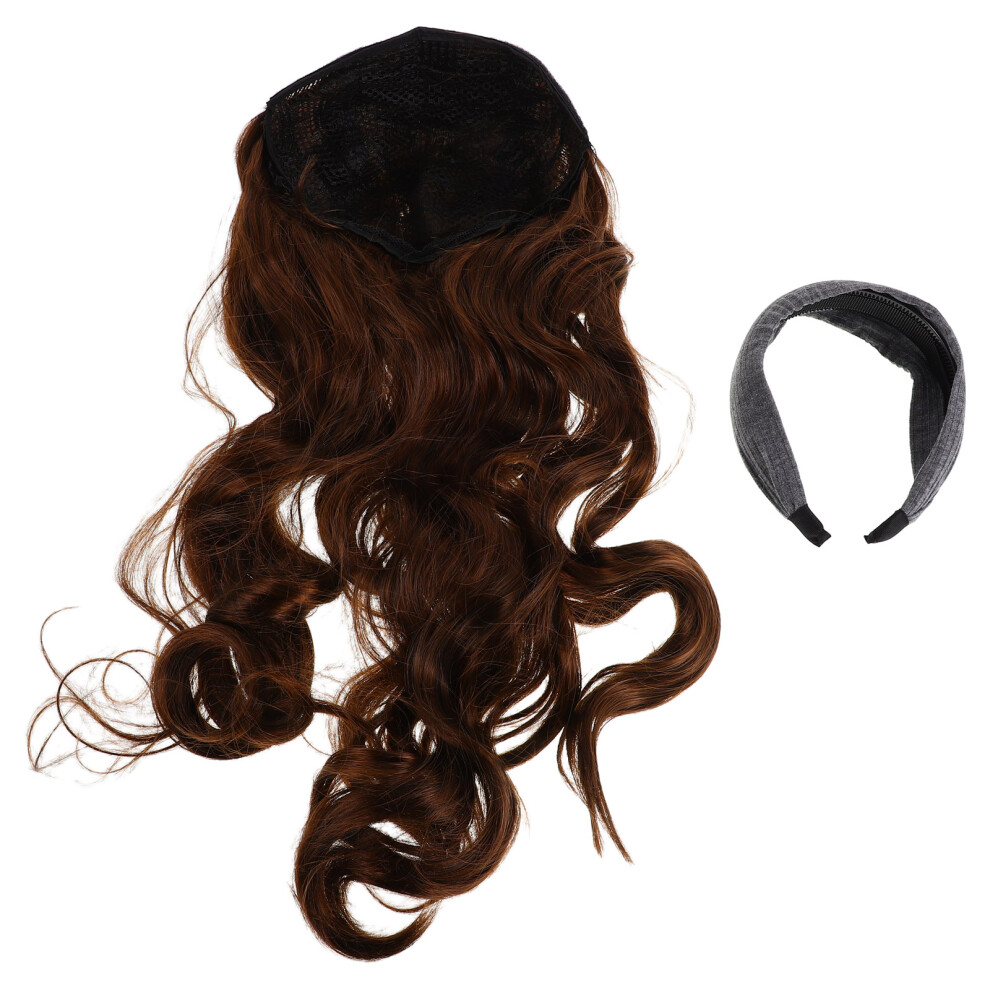 Solustre Unisex Brown 3Pcs Light Natural Look Curly Wave Wig With Headband For Women