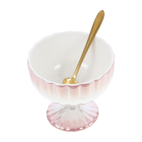 3Sets Pink Ceramic Footed Dessert Bowls with Spoon Elegant Tableware 1