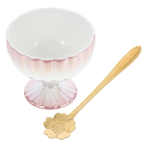 3Sets Pink Ceramic Footed Dessert Bowls with Spoon Elegant Tableware 2