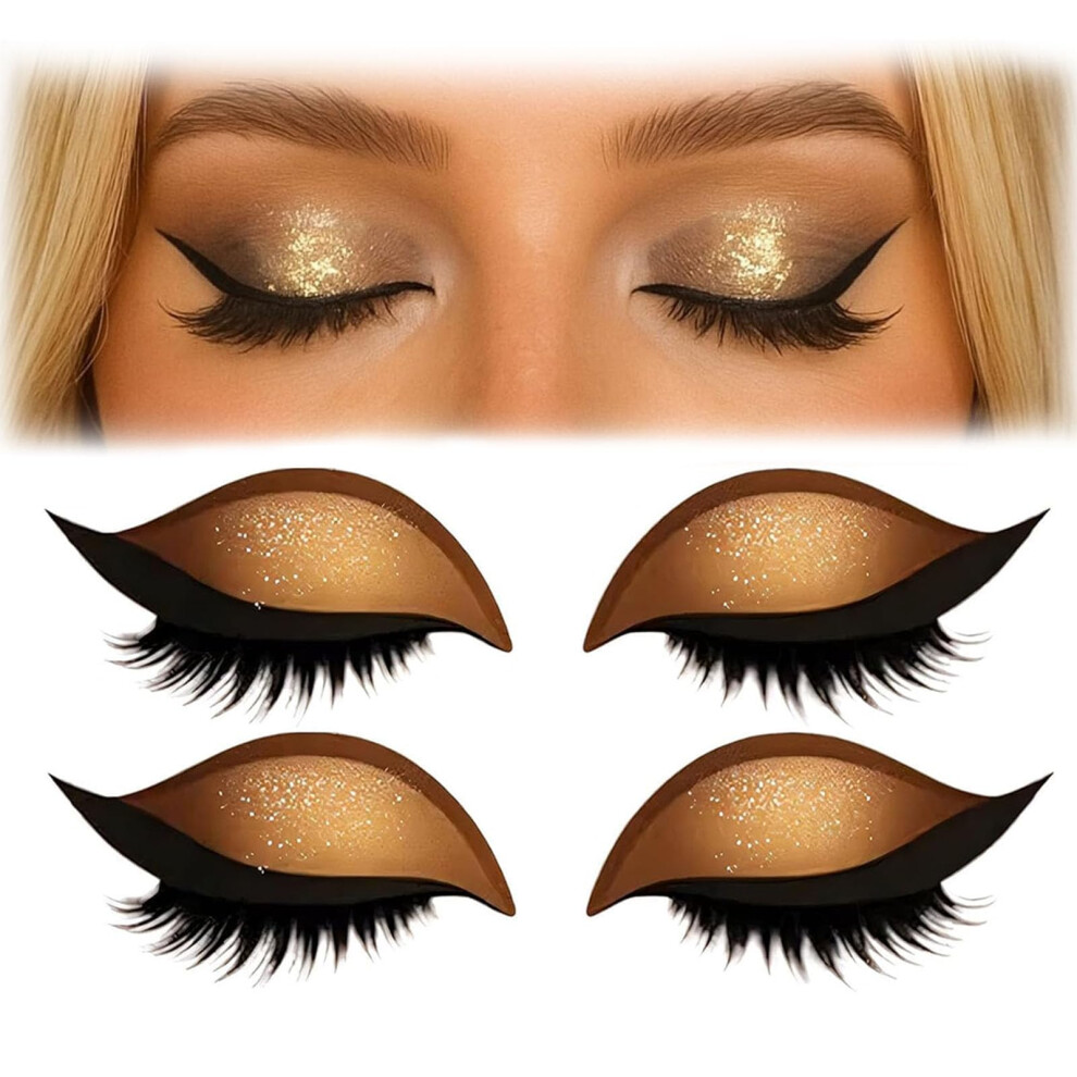 Gold 2In1 Eyeshadow With False Eyelashes, Reusable No Glue Waterproof Lash And Shadow Stickers 2Pcs