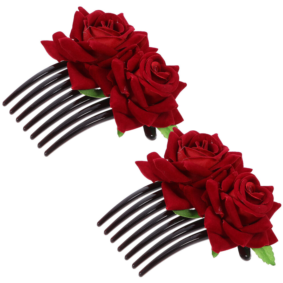 Solustre 4Pcs Wedding Flower Hair Comb Red Fabric Bridal Rose Hair Clip