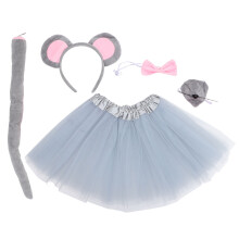 2Sets Grey Mouse Costume Ears Tail Bowtie Tutu Skirt Kids Dress Up Set