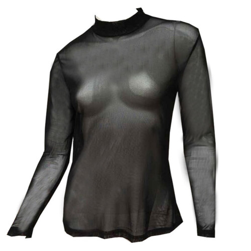 2Stk Damen Mesh Longsleeve Shirt Schwarzer Polyester Stretch Komfort