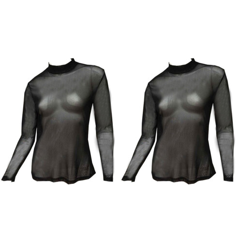 2Stk Damen Mesh Longsleeve Shirt Schwarzer Polyester Stretch Komfort 1