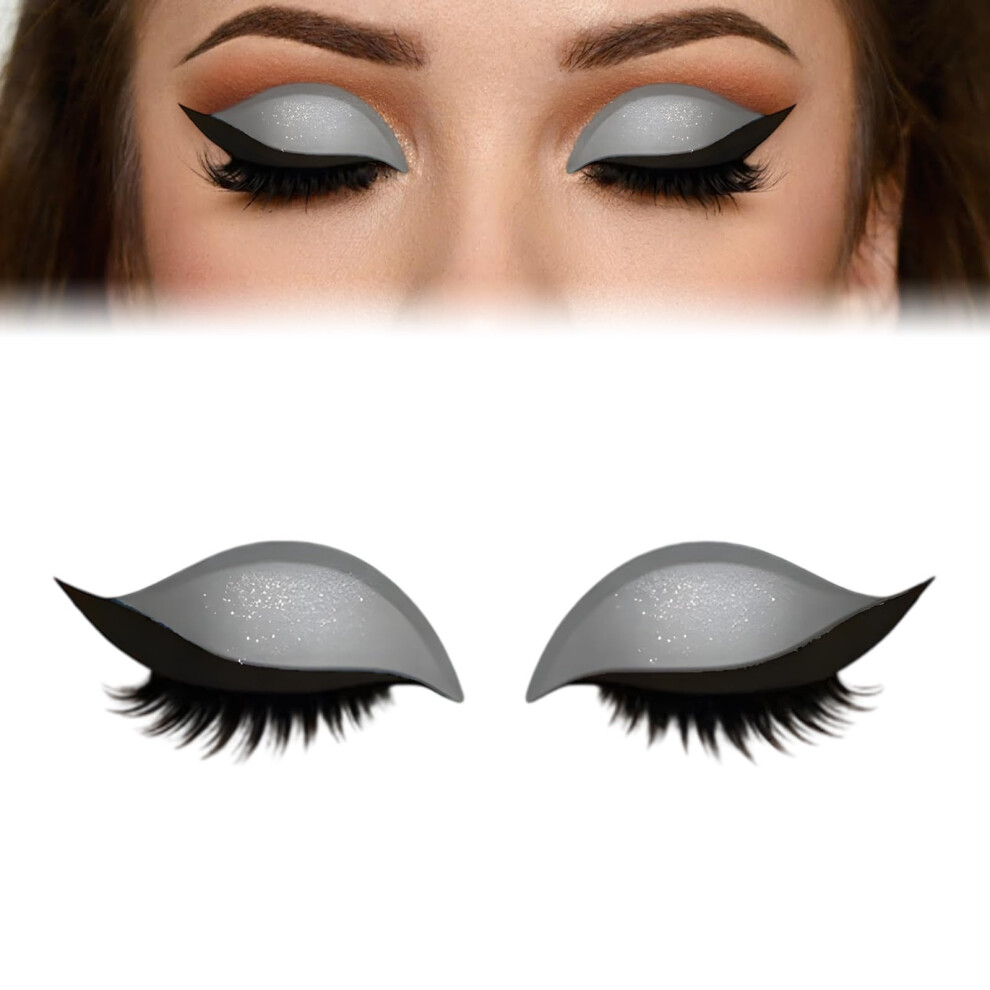 Silver Reusable Eye Makeup Stickers With False Eyelashes And Eyeshadow, Waterproof 3In1