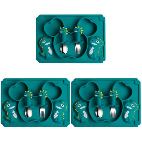3Sets Baby Silikon Essgeschirr Olivgrün Mit Gabel Teller 1