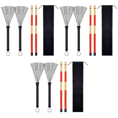 3Stk Trommelzubehör Bambus Drumsticks Mit Stahlbürsten Schwarz Silber 2