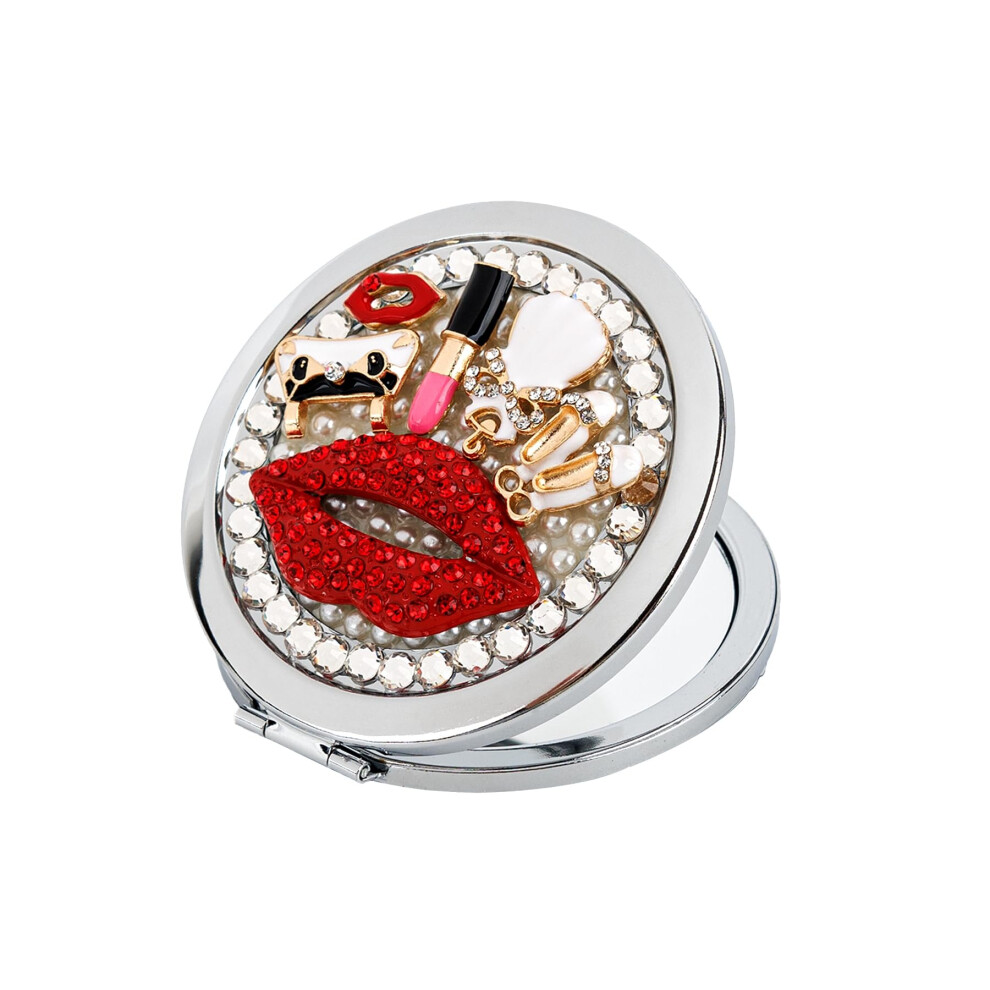 Compact Rhinestone Folding Travel Makeup Mirror for Women Pocket Size DoubleSided Round Gift