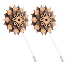 6Pcs Fashion Wooden Flower Brooch with Alloy Pin Light Brown for Men